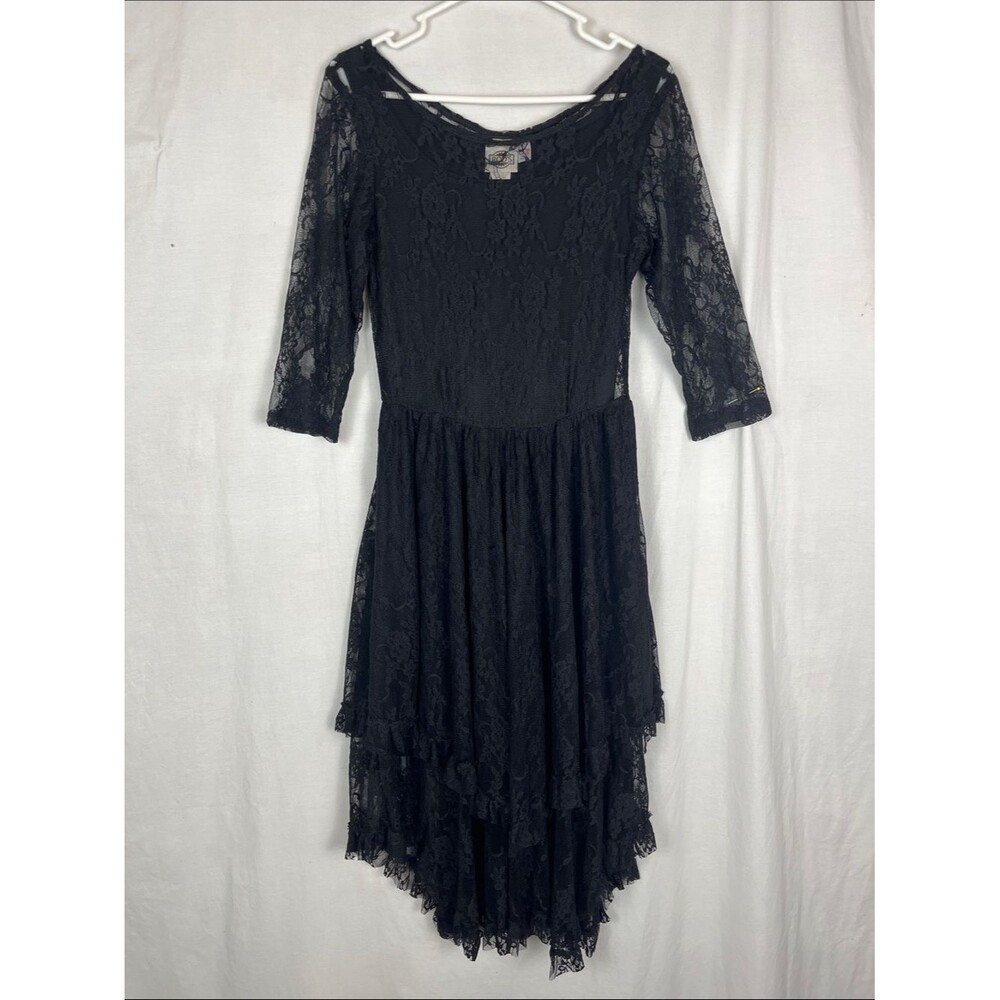 Rod's Vintage Black Floral Midi Whimsigoth Layered Hemline 3/4 Sleeve Dress